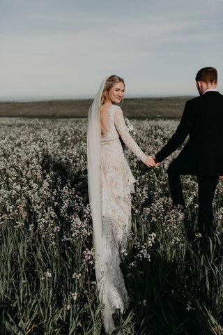 NumberSea Vintage Long Sleeves Lace Mermaid Backless Wedding Dress, Bridal Gown, MW562