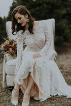 NumberSea Vestido de Novia Vintage de Manga Larga de Encaje con Espalda Descubierta, Corte Sirena