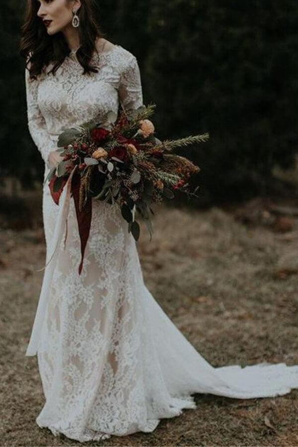 NumberSea Vintage Long Sleeves Lace Mermaid Backless Wedding Dress, Bridal Gown