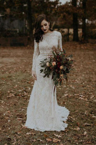 NumberSea Vintage Long Sleeves Lace Mermaid Backless Wedding Dress, Bridal Gown, MW562