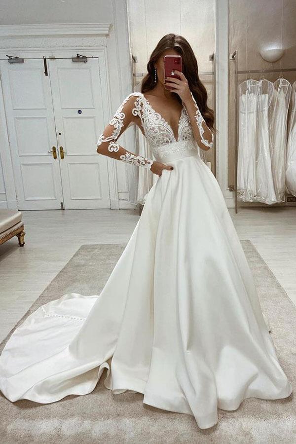 Vestido de novia NumberSea vintage de satén con encaje y escote en V profundo, MW593