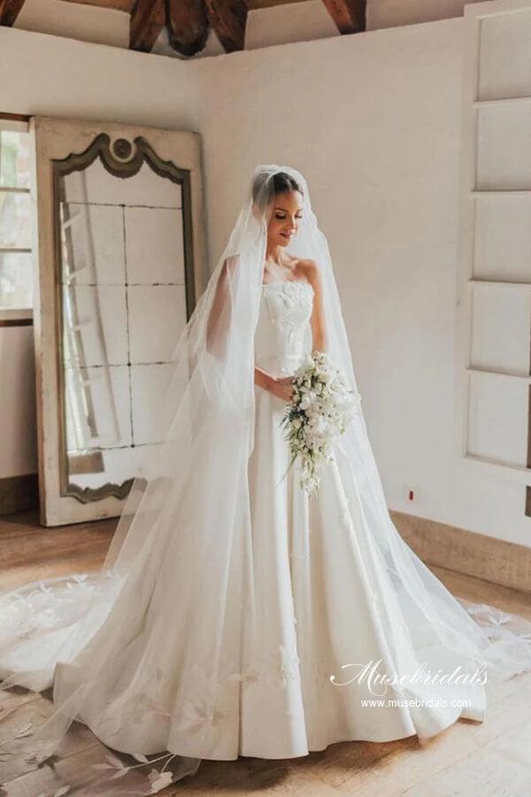 Vestido de novia vintage NumberSea de satén sin tirantes y encaje floral, MW991