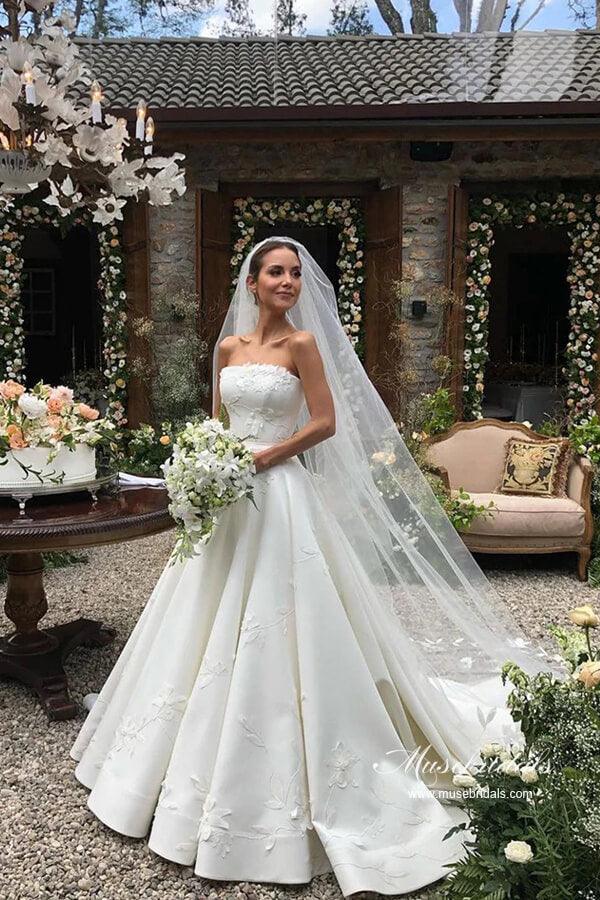 Vestido de novia vintage NumberSea de satén sin tirantes y encaje floral, MW991