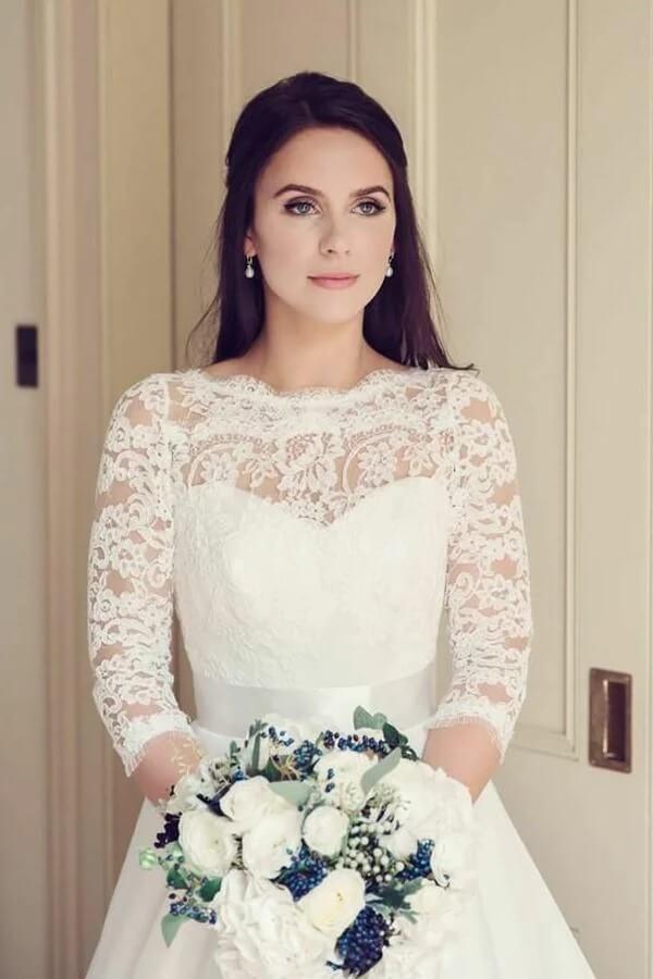 NumberSea Vintage Tulle Lace A-line 3/4 Sleeves Bridal Gowns, Wedding Dresses