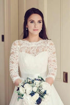 NumberSea Vintage Tulle Lace A-line 3/4 Sleeves Bridal Gowns, Wedding Dresses