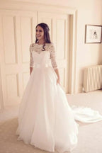 NumberSea Vintage Tulle Lace A-line 3/4 Sleeves Bridal Gowns, Wedding Dresses