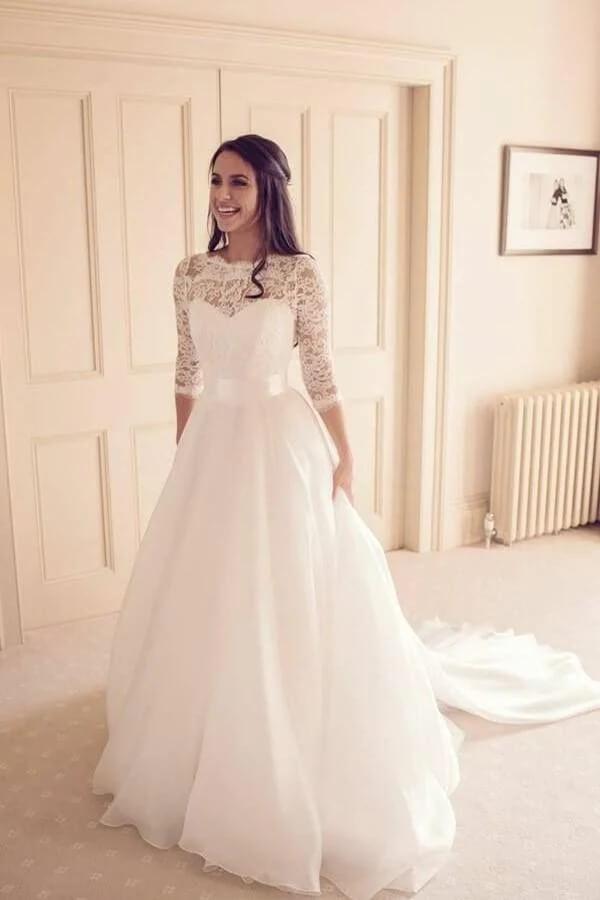 Vestidos de novia NumberSea vintage de tul con encaje, corte A y mangas 3/4, vestidos de novia