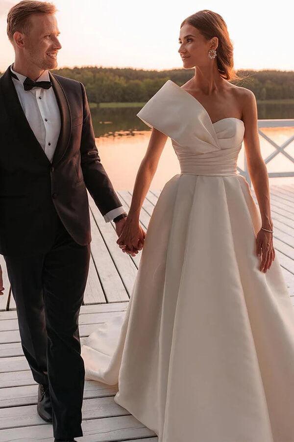 Vestido de novia vintage NumberSea de satén con un solo hombro y cola, MW1015