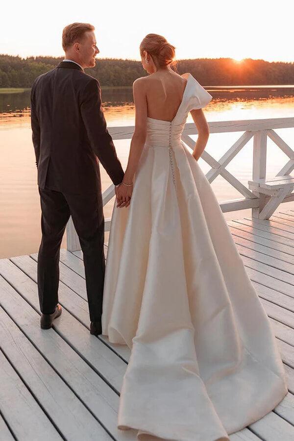 Vestido de novia vintage NumberSea de satén con un solo hombro y cola, MW1015