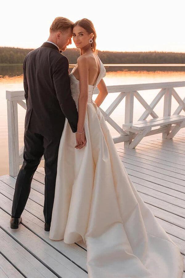 Vestido de novia vintage NumberSea de satén con un solo hombro y cola, MW1015