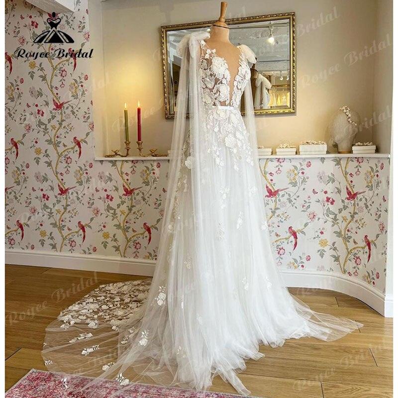 Vestido de novia con capa, escote en V profundo, apliques de encaje, barrido floral, 2025, Birdal, vestidos de boda civiles para playa, vestidos de novia elegantes