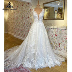 Vestido de novia con escote en V 2025, apliques de encaje de lujo, cola de corte para novia, vestido de novia para mujer, hecho a medida.