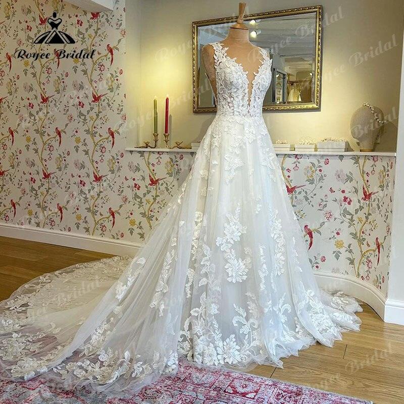 Vestido de novia con escote en V 2025, apliques de encaje de lujo, cola de corte para novia, vestido de novia para mujer, hecho a medida.
