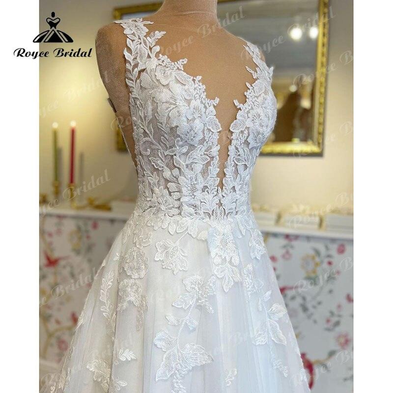Vestido de novia con escote en V 2025, apliques de encaje de lujo, cola de corte para novia, vestido de novia para mujer, hecho a medida.