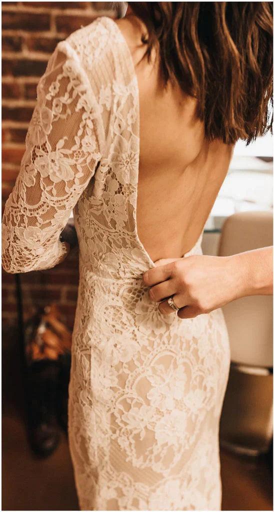 Vestidos de novia de sirena con escote en V, encaje y apliques, con cola de corte