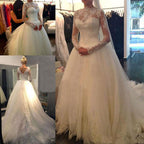 Vestido de novia NumberSea blanco de manga larga, económico, con escote en V, corte A, encaje y tul, MW238