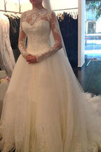Vestido de novia NumberSea blanco de manga larga, económico, con escote en V, corte A, encaje y tul, MW238