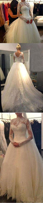 Vestido de novia NumberSea blanco de manga larga, económico, con escote en V, corte A, encaje y tul, MW238