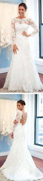 NumberSea White Long Sleeve Lace Round Neck Backless Mermaid Wedding Dresses