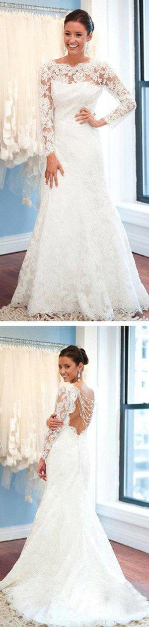 NumberSea White Long Sleeve Lace Round Neck Backless Mermaid Wedding Dresses