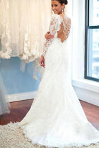 NumberSea White Long Sleeve Lace Round Neck Backless Mermaid Wedding Dresses