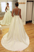 NumberSea White Beaded Deep V Neckline A-line Backless Long Wedding Dresses