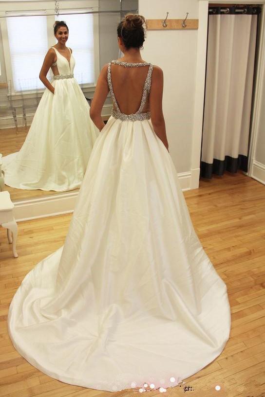 NumberSea White Beaded Deep V Neckline A-line Backless Long Wedding Dresses