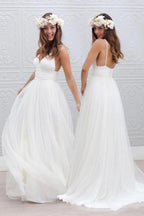Vestido de novia de playa sencillo con escote en V, tirantes finos y espalda descubierta de tul blanco NumberSea, MW188 