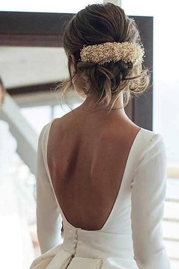 Vestido de novia NumberSea blanco de manga larga, sin espalda y con bolsillo, MW968