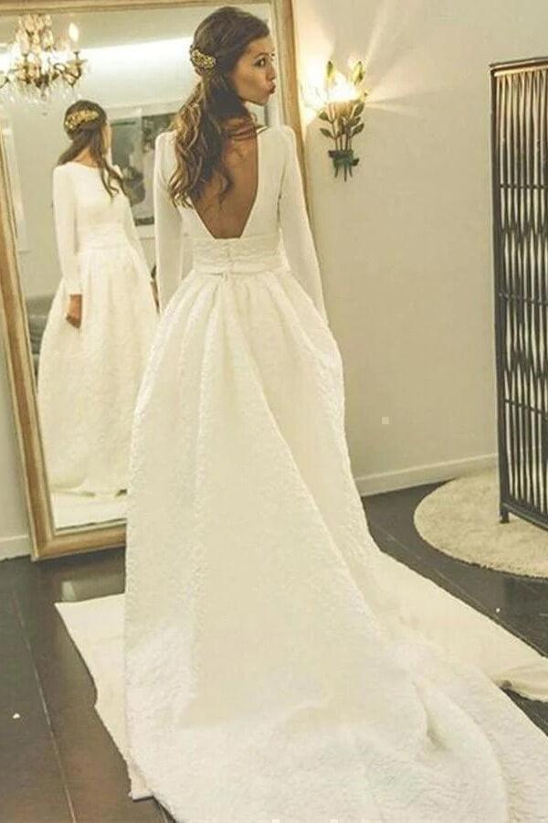 Vestido de novia NumberSea blanco de manga larga, sin espalda y con bolsillo, MW968