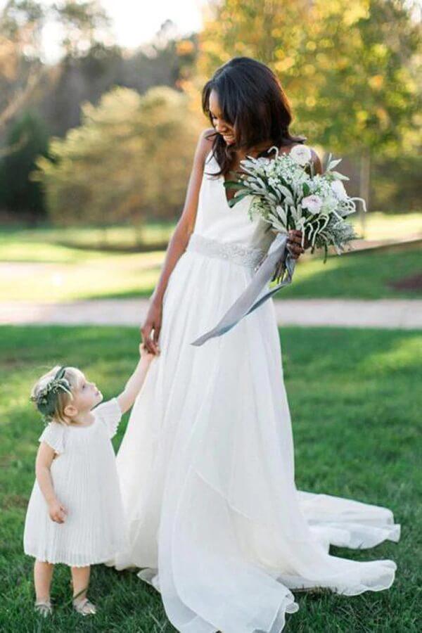 NumberSea White Chiffon A-line V-neck Beaded Wedding Dresses, Wedding Gowns