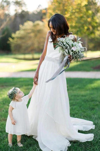 NumberSea White Chiffon A-line V-neck Beaded Wedding Dresses, Wedding Gowns, MW702