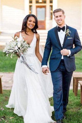 NumberSea White Chiffon A-line V-neck Beaded Wedding Dresses, Wedding Gowns, MW702