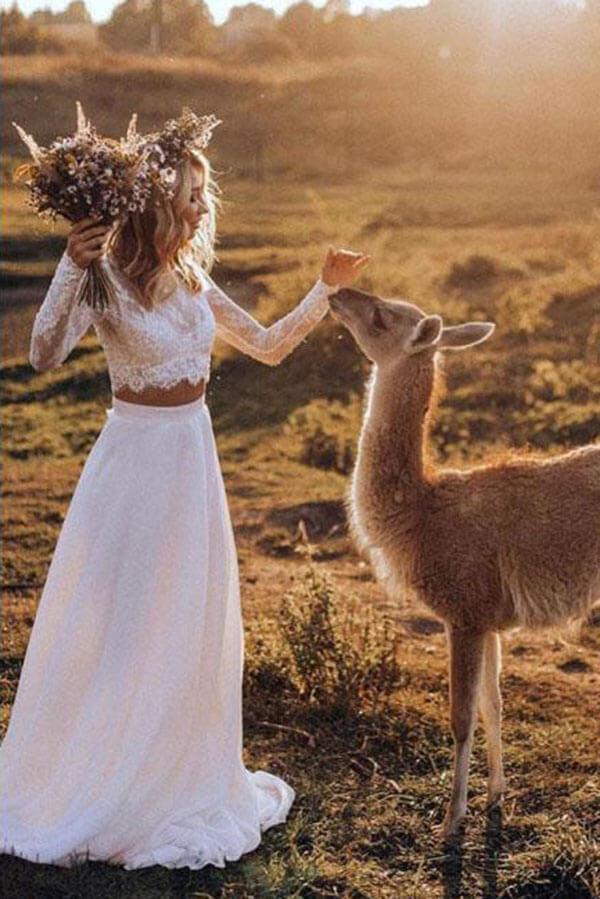 Vestido de novia bohemio de dos piezas con encaje y mangas largas de gasa blanca de NumberSea