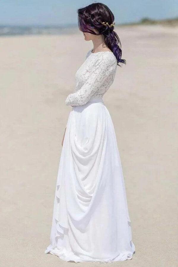 NumberSea White Chiffon Lace Long Sleeves Floor Length Beach Wedding Dresses