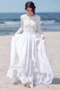 NumberSea White Chiffon Lace Long Sleeves Floor Length Beach Wedding Dresses