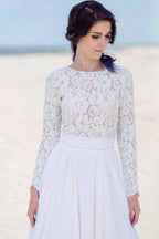 NumberSea White Chiffon Lace Long Sleeves Floor Length Beach Wedding Dresses