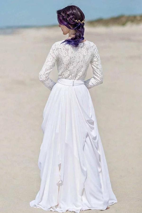 NumberSea White Chiffon Lace Long Sleeves Floor Length Beach Wedding Dresses