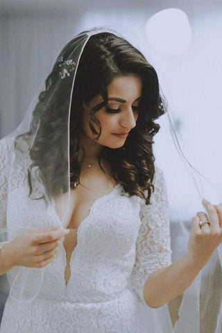 NumberSea Weißes Meerjungfrauen-Hochzeitskleid aus Spitze mit halben Ärmeln und V-Ausschnitt