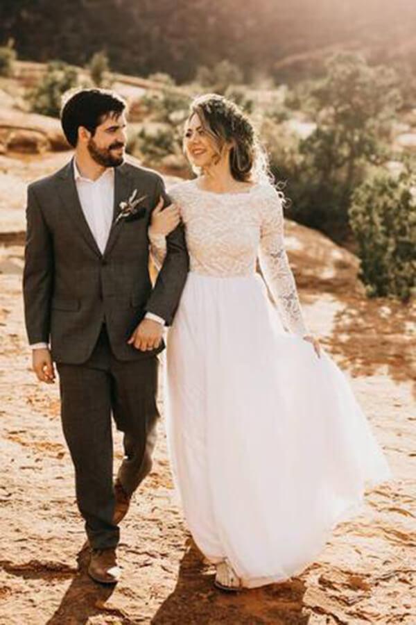 Vestidos de novia de playa con mangas largas de tul y encaje blanco NumberSea, vestido de novia