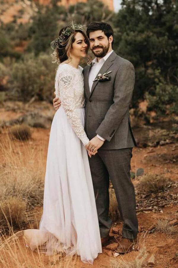 Vestidos de novia de playa con mangas largas de tul y encaje blanco NumberSea, vestido de novia