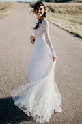 Vestidos de novia de playa con mangas largas de tul y encaje blanco NumberSea, vestido de novia