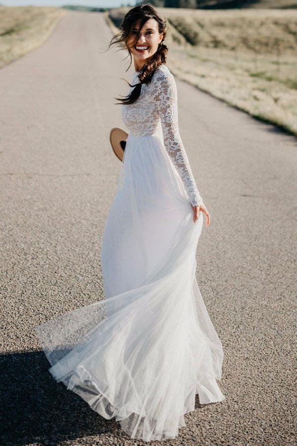 Vestidos de novia de playa con mangas largas de tul y encaje blanco NumberSea, vestido de novia