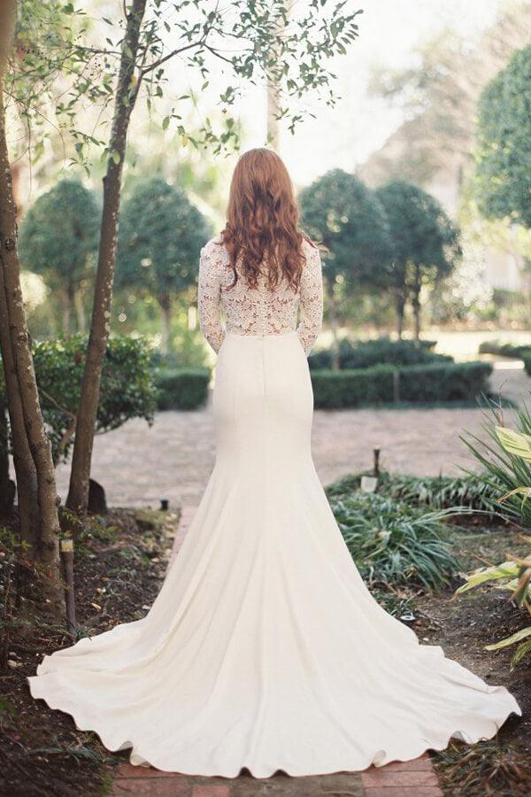Vestido de novia NumberSea blanco de corte sirena, escote en V profundo, manga larga y encaje, MW195
