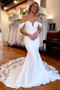 NumberSea White Mermaid Satin Lace Off Shoulder Wedding Dresses With Train