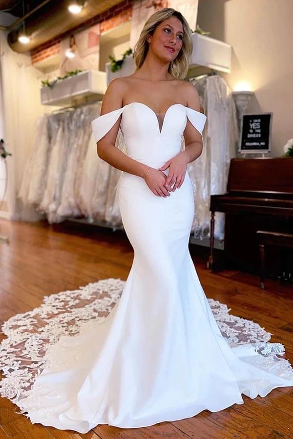 NumberSea White Mermaid Satin Lace Off Shoulder Wedding Dresses With Train