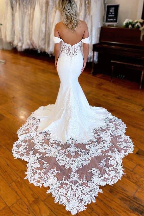 NumberSea White Mermaid Satin Lace Off Shoulder Wedding Dresses With Train