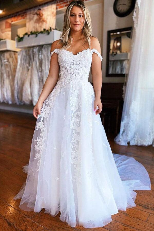 Vestido de novia largo de tul blanco con corte A y apliques de encaje de NumberSea, MW629