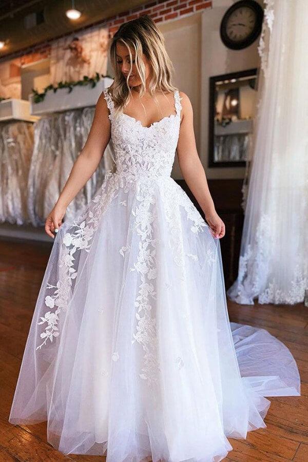 Vestido de novia largo de tul blanco con corte A y apliques de encaje de NumberSea, MW629