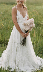 NumberSea White Tulle A-line V-neck Spaghetti Straps Wedding Dress With Appliques